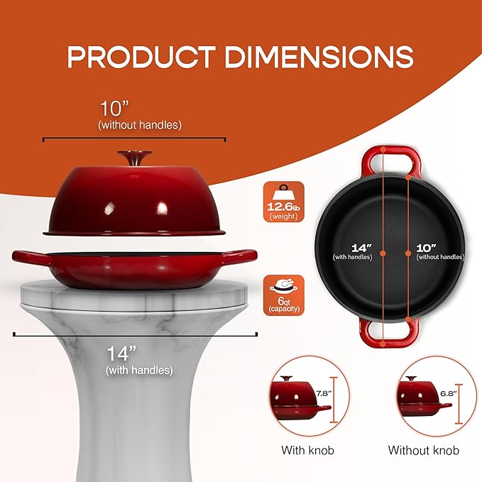 Enameled Cast Iron Dutch Oven for Sourdough Bread Baking | 6 Quart Pot with Lid | 10 Inch Ceramic Enamel Thick Coated Cookware Set with Non Stick Silicone Baking Mat for Cooking | 6 Qt | Red