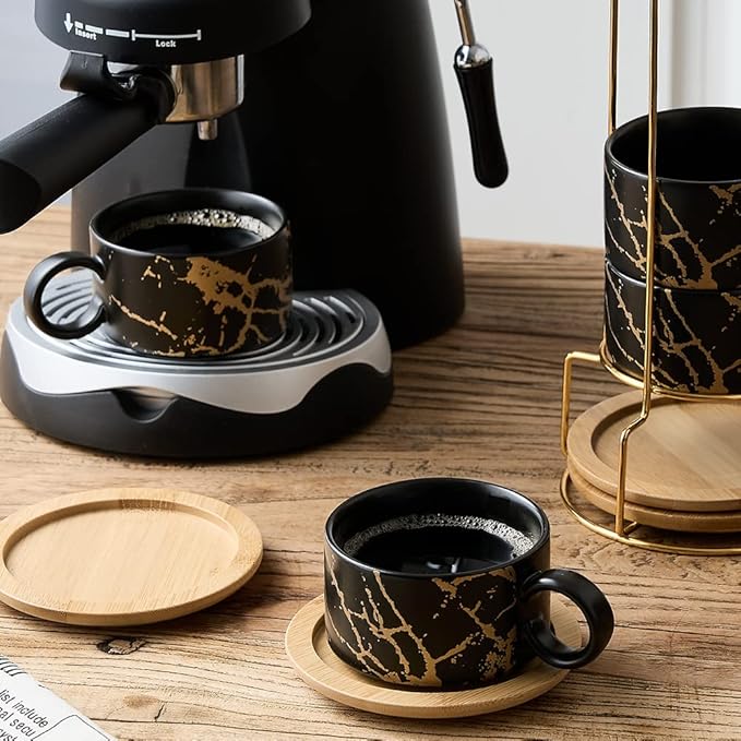 LUKA Porcelain Espresso Cup with Metal Stand, 6 Ounce Stackable Ceramic Demitasse Espresso Mugs Cappuccino Cups Set for Latte,Coffee,Cafe Mocha,Tea(Set of 4,Black)