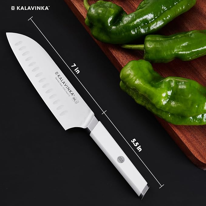 7 Inch All-Purpose Santoku Knife, German X50CrMoV15 Steel, Comfortable Handle, Razor Sharp Edge, Gifted Sheath, Outdoor Cooking (RUPA)