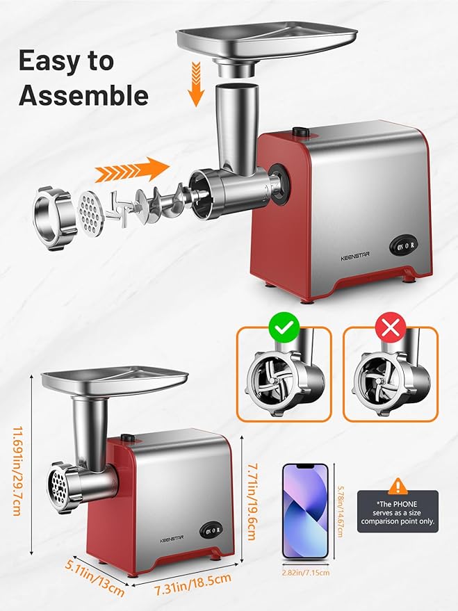 Electric Meat Grinder, Sausage Stuffer Maker 450W Food Grinder with Blade & 3 Plates, Sausage Stuffer Tubes & Kubbe Kit, Stainless Steel Meat Mincer Machine for Home Kitchen Use (Red)