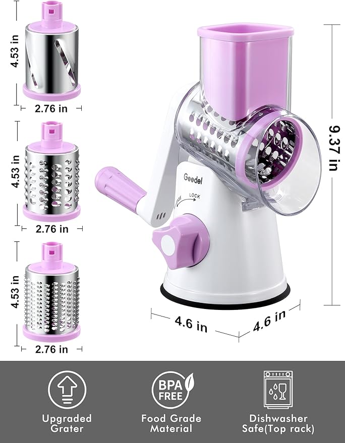 Geedel Rotary Cheese Grater, Kitchen Mandoline Vegetable Slicer with 3 Interchangeable Blades, Easy to Clean Rotary Grater Slicer for Fruit, Vegetables, Nuts