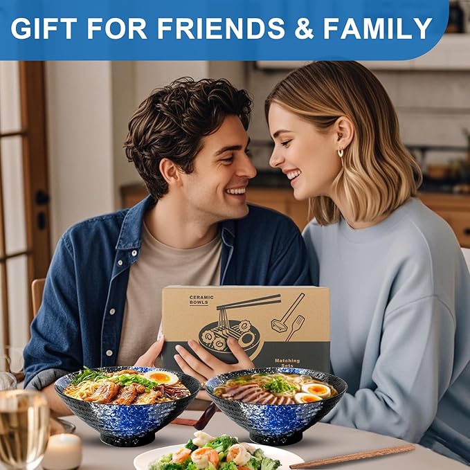 9.4Inch Ceramic Ramen Bowl Set of 4 (17 Piece) - Porcelain Japanese Salad Noodles Cereal Fruit Pasta Soup Large Bowls with Recipes Chopsticks Forks Spoons for Men Women Gift Microwave Dishwasher Safe
