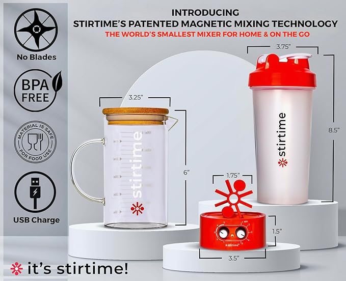Portable Rechargeable Blender Magnetic Mixer for Protein Powder, Baby Formula, Aerates Wine, Kid Safe, No Sharp Blades, No Air Bubbles or Clumps, 20oz Travel Bottle+16oz Glass Pitcher, USA by Stirtime