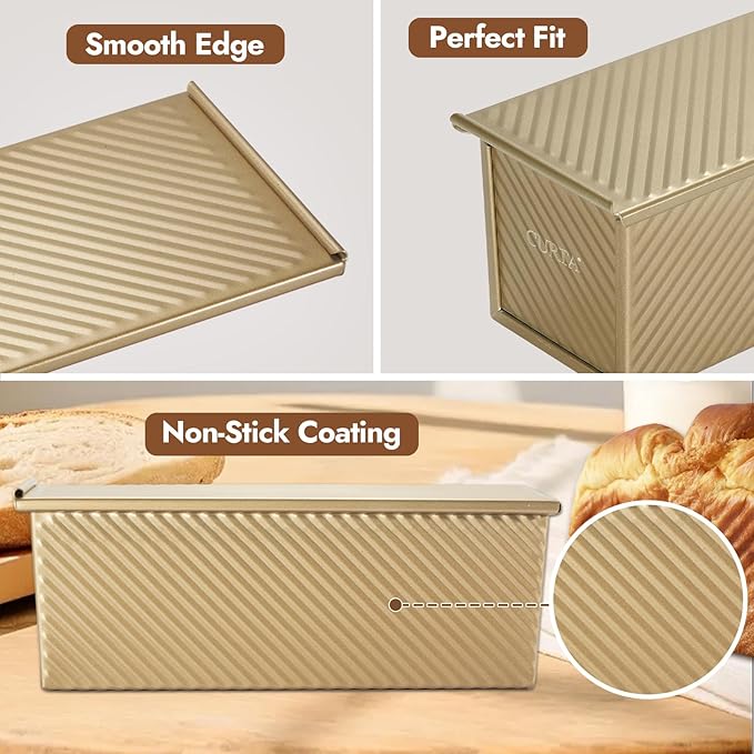 CURTA Commercial Pullman Loaf Pan with Lid 2.2 lb Dough Capacity Non-Stick Bakeware for Baking Bread Corrugated Bread Toast Mold extra large loaf pan Champagne Gold 1pcs