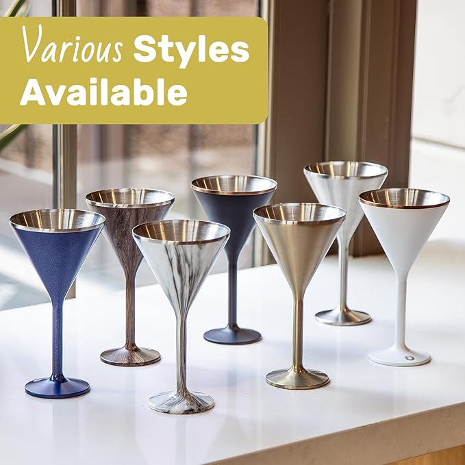NEWPORT Stemware Collection Premium Vacuum Insulated Stainless Steel Martini Glasses, Lightweight Margarita Glasses, Unbreakable & Drinks Stay Cold, Non-Slip Silicon Base, Cocktail Glasses, 8oz, Steel