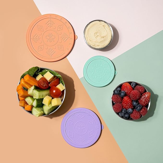 Everusely - Stainless Steel Food Containers - 3 Pack, Bright - Lunch Box - Snack Containers for Office, Home Food Storage - Leakproof with Silicone Lids - Dishwasher & Freezer Safe