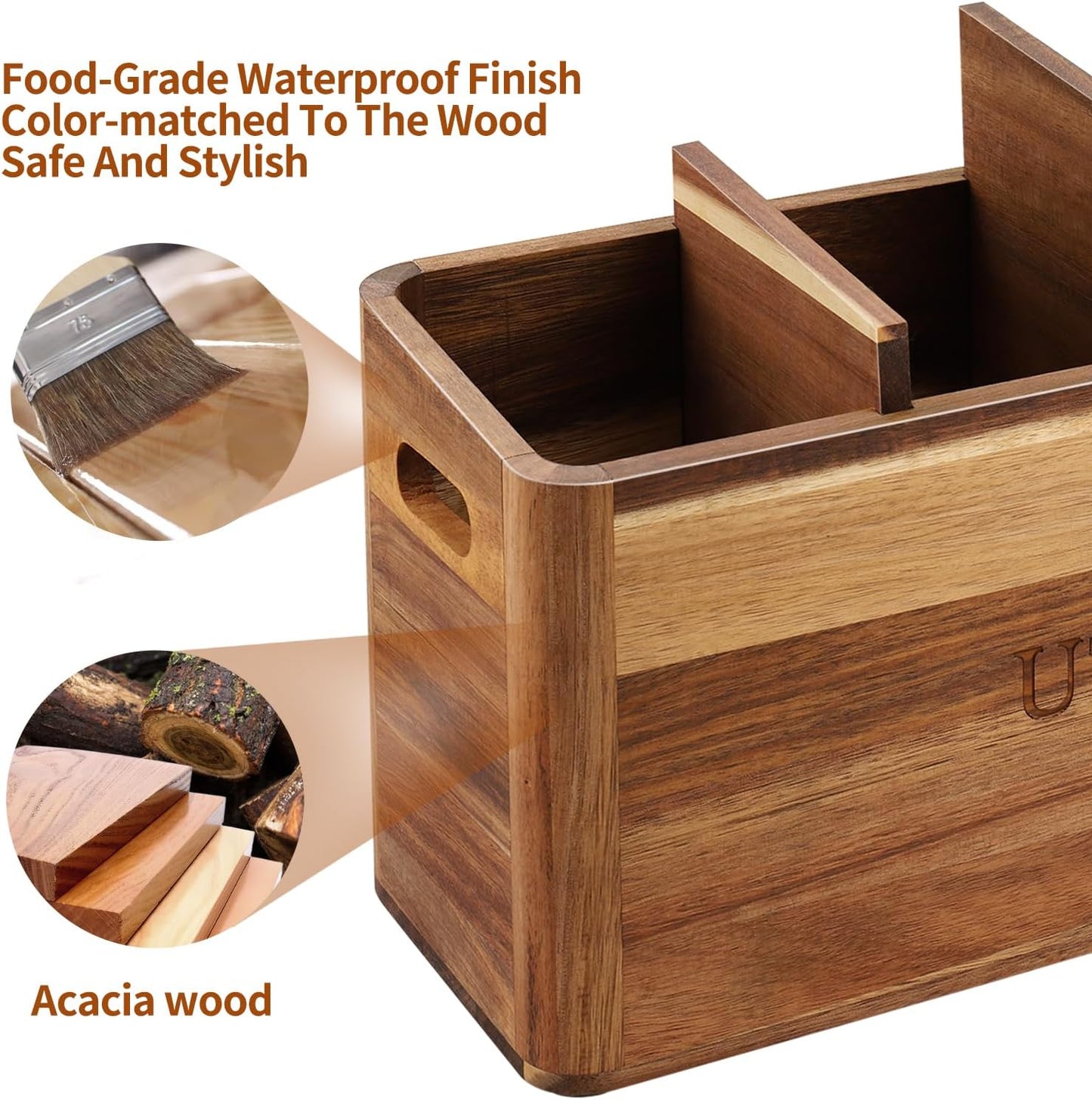 Kitchen Utensil Holder with 4 Compartments, Large Acacia Wood Utensil Caddy Storage Caddy Organizer Countertop for Flatware Silverware Fork Spoon Spatula