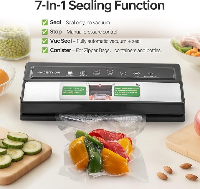 GERYON Vacuum Sealer Machine – Automatic Food Vacuum Sealer for Dry & Moist Food, Compact with LED Touch Panel, Includes Zipper Bags & Roll, Perfect for Sous Vide & Freezer Storage (Silver)