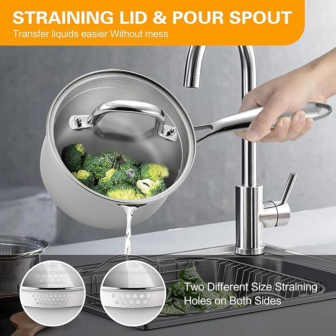 Tri-Ply Stainless Steel Sauce Pan with Steamer Basket & Straining Glass Lid— 2-in-1 Multi-Function Pot for Steaming, Boiling & Simmering — Healthy, Durable, Rust-Resistant, Professional-Grade Cookware