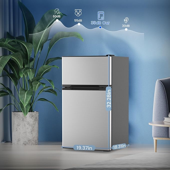 3.1 Cu.Ft Mini Fridge with Freezer, 2 Door Compact Refrigerator, Mini Fridge with Adjustable Removable Glass Shelves for Bedroom, Office, Dorm or Apartment, Stainless Steel