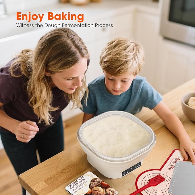 Heating Banneton Bread Proofing Basket Kit, Sourdough Starter Kit, 6 Adjustable Temp (77℉-122℉) Banneton Baking Supplies with Recipe, Smart Thermostatic Silicone Batter Bowl with Timer and LED Display