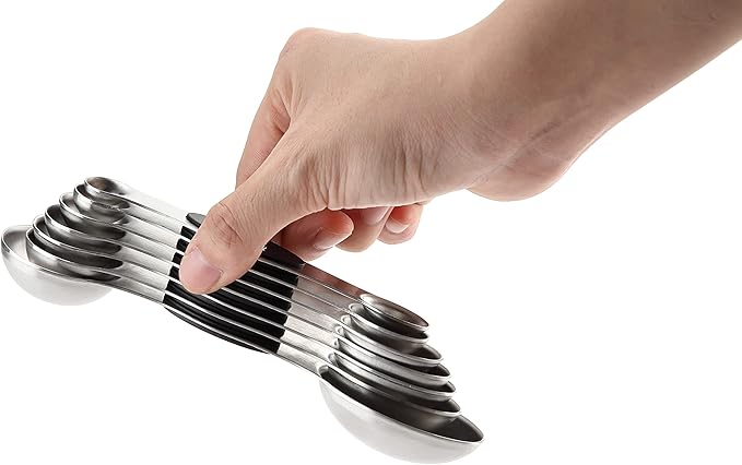 Spring Chef Stainless Steel Magnetic Measuring Spoons Set of 8 with Leveler, Dual Sided Metal Teaspoon & Tablespoon Measuring Spoons, Nesting Kitchen Gadgets for Baking & Cooking - 2 Pack - Black