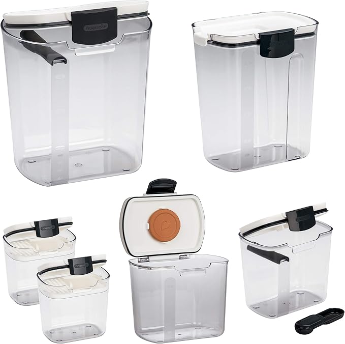 Progressive ProKeeper Baker's Airtight Kitchen Storage Canister Container Set for Flour, Sugar & More, Keeps Ingredients Fresh, with Accessories (Black Latches, 6- Piece)