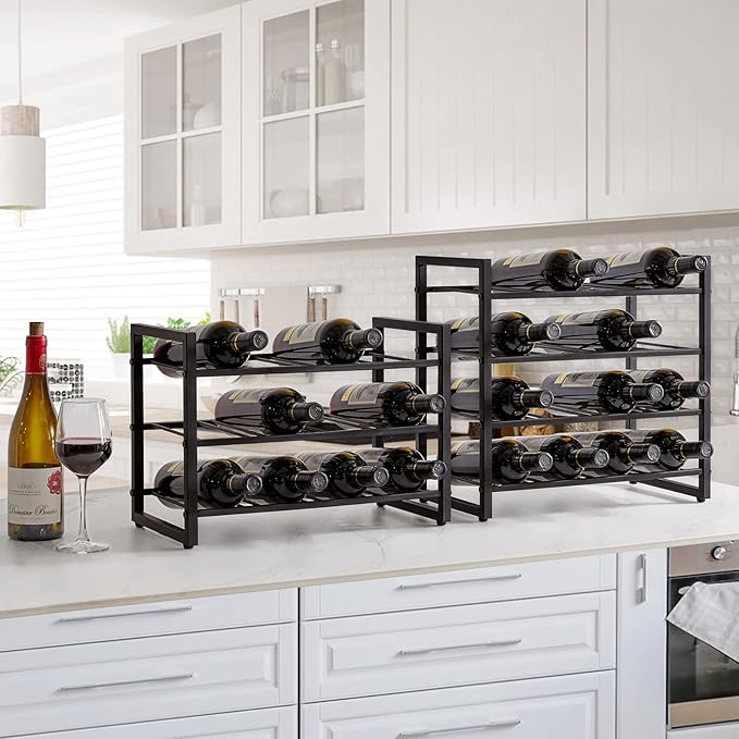 IBUYKE Wine Racks Countertop, 3 Tiers Metal Wine Rack,Wine Rack Freestanding Storage 12 Bottle Capacity, for Home Kitchen, Pantry, Wine Cellar, Bar, Black UTMJ906H