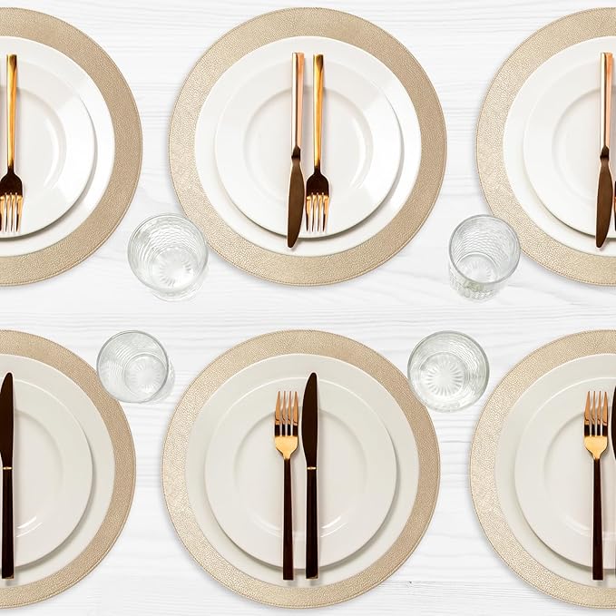 Placemats Set of 6 – Round 15” Faux Leather Table Mats for Dining, Heat Resistant & Non-Slip Washable Table, Indoor, Outdoor, Dining Table Set for 6, Modern Kitchen & Holiday Use, Champagne