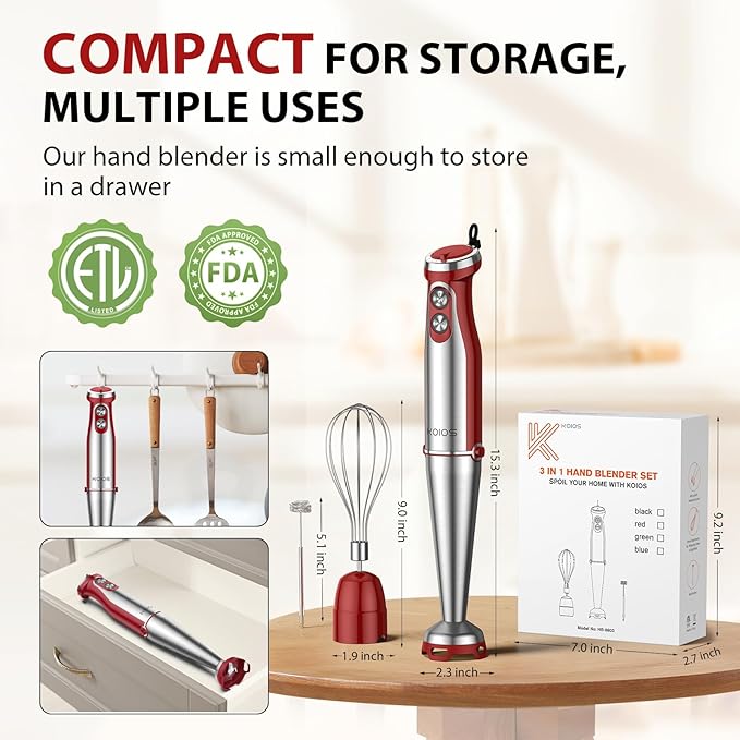 KOIOS Immersion Blender, 1000W Anti-scratch 3-in-1 Hand Blender, Upgraded 12 Speed Stainless Steel Blade Stick Blender with Turbo Mode, Whisk and Milk Frother, Non-BPA, Red