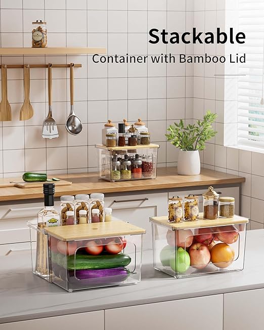 2 in 1 Trash Bag Dispenser Holder - Clear Acrylic Plastic Garbage Bags Container Tissue Box with Bamboo Lid Large Under Sink Organizer Kitchen Pantry Shelf Laundry Room Organization and Storage