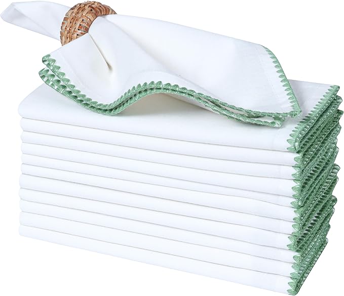 Bedding Craft Cotton Cloth Dinner Napkins Set of 12 – 18x18 Salted Lime with Colored Edge Embroidery – Washable Fabric Napkins for Wedding Table Décor, Parties, Restaurants & Everyday Dining