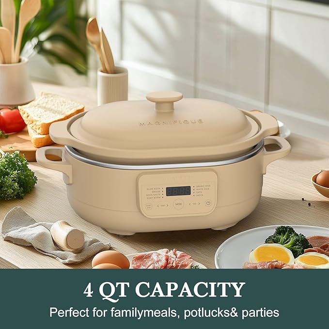 MAGNIFIQUE 4 Quart Programmable Casserole Slow Cooker, 8-in-1 Multi Cooker with Removable Non-Toxic Stoneware Crock, Claypot Slow Cooker, Rice-cooking, Nonstick, Oven Safe Pot to 450°F, Brown
