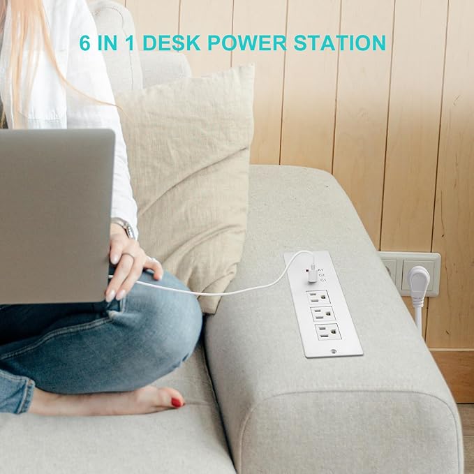 45W Recessed Power Strip USB C, Flush Mount Desk Extender 3 AC Outlets 2 PD USB-C&1 Fast Charge USB-A Ports,Flat Plug Extension Cord for Drawer Cabinet Countertop Table Conference White