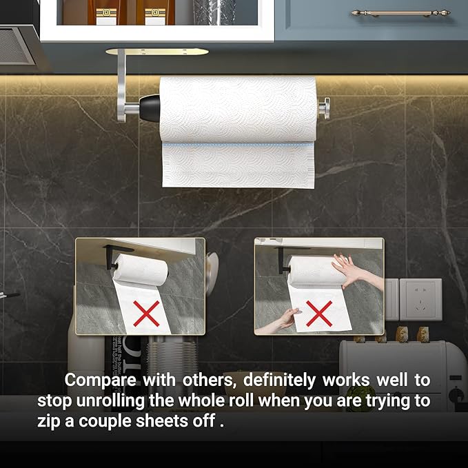 Paper Towel Holder Under Cabinet, One-Handed Tear, Wall Mount, Adhesive, Silver, Paper Roll Holder with Ratchet Mechanism for Kitchen Bathroom Farmhouse Essentials Decor Accessories