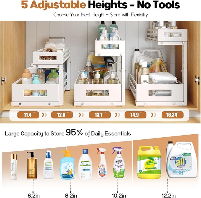 2-Pack Under Sink Organizers and Storage,2-Tier L Shape Pull Out Cabinet Organizer With Round Tube Slide Rails,Hight Adjustable Slide Out Drawers for Kitchen&Bathroom,Multi-Purpose Storage Shelf-White