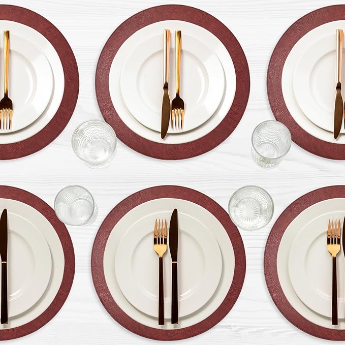 Morgan Faux Leather Set of 12 Placemats, 15" Round, Burgundy, Heat Resistant, Stain Resistant, Non-Slip, Reversible, Durable Table Mats for Kitchen, Dining Table, Indoor Washable Use