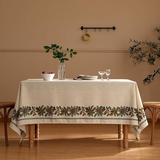 Christmas Rectangular Tablecloth,Linen Table Cloth with Leaves and Pinecones Pattern,Heavy Durable Table Cover for Dining Thanksgiving Kitchen Party Banquet Christmas,67"*118"