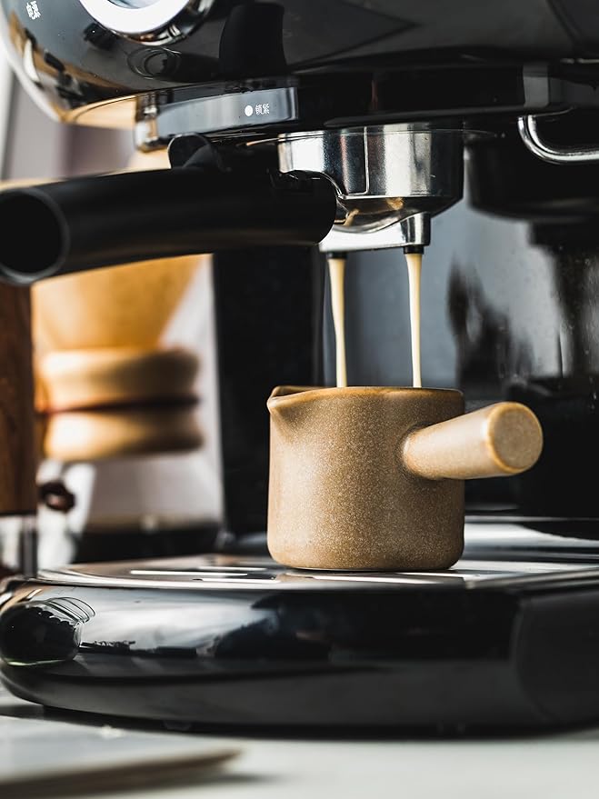 Espresso Measuring Cup, Ceramic Espresso Cup with Handle, Expresso Shots Cups Double Spouts Milk Cup, Espresso Accessories, 3 Oz/ 90 Ml, Brown