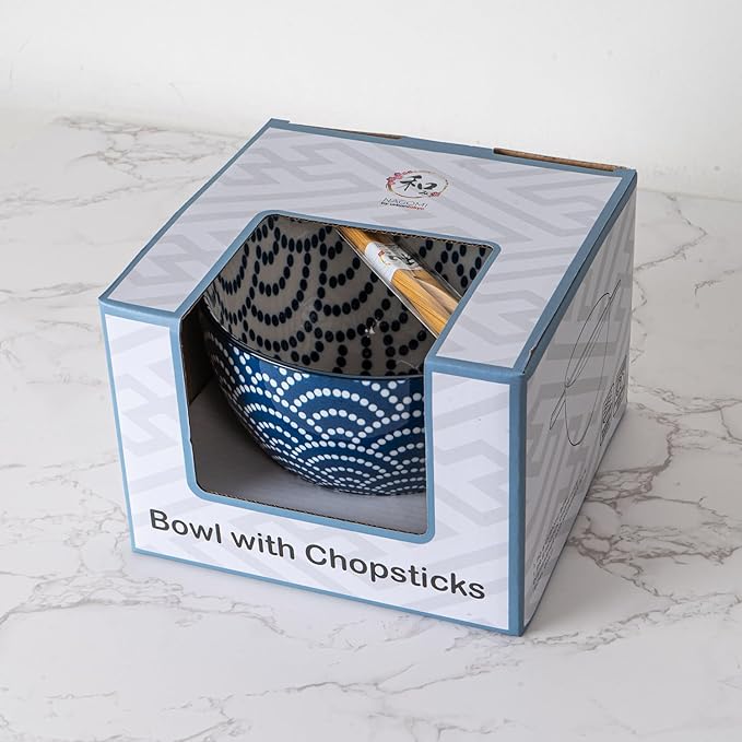 Urban Tokyo Porcelain Japanese Motif Design Ramen Udon Noodle Rice Bowl With Chopsticks 20 fl oz 6 inch Diameter Bowl Sets Color Box Packaging (Seigaiha Waves)