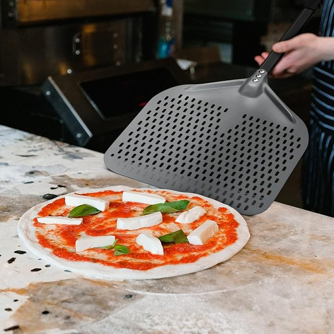 G.a HOMEFAVOR 14" x 17" Perforated Pizza Peel 35 Inch overall, Rectangular Aluminum Pizza Turning Peel with Extended Silcone Handle For Baking Pizza Brick Oven