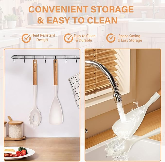 Silicone Cooking Spoon and Pasta Fork Set, 2 Pack Large Spatula Spoons Set with Wooden Handle, Heat Resistant Multifunction Spoon for Cooking, Serving and Mixing Spaghetti (White)