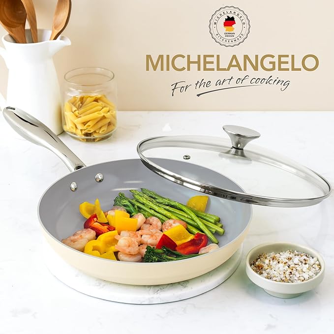 MICHELANGELO Non Stick Frying Pans - 10 Inch Frying Pan Nonstick with Lid, Nonstick Skillet with Lid, Non Toxic Frying Pan, Ceramic-Coated, Beige