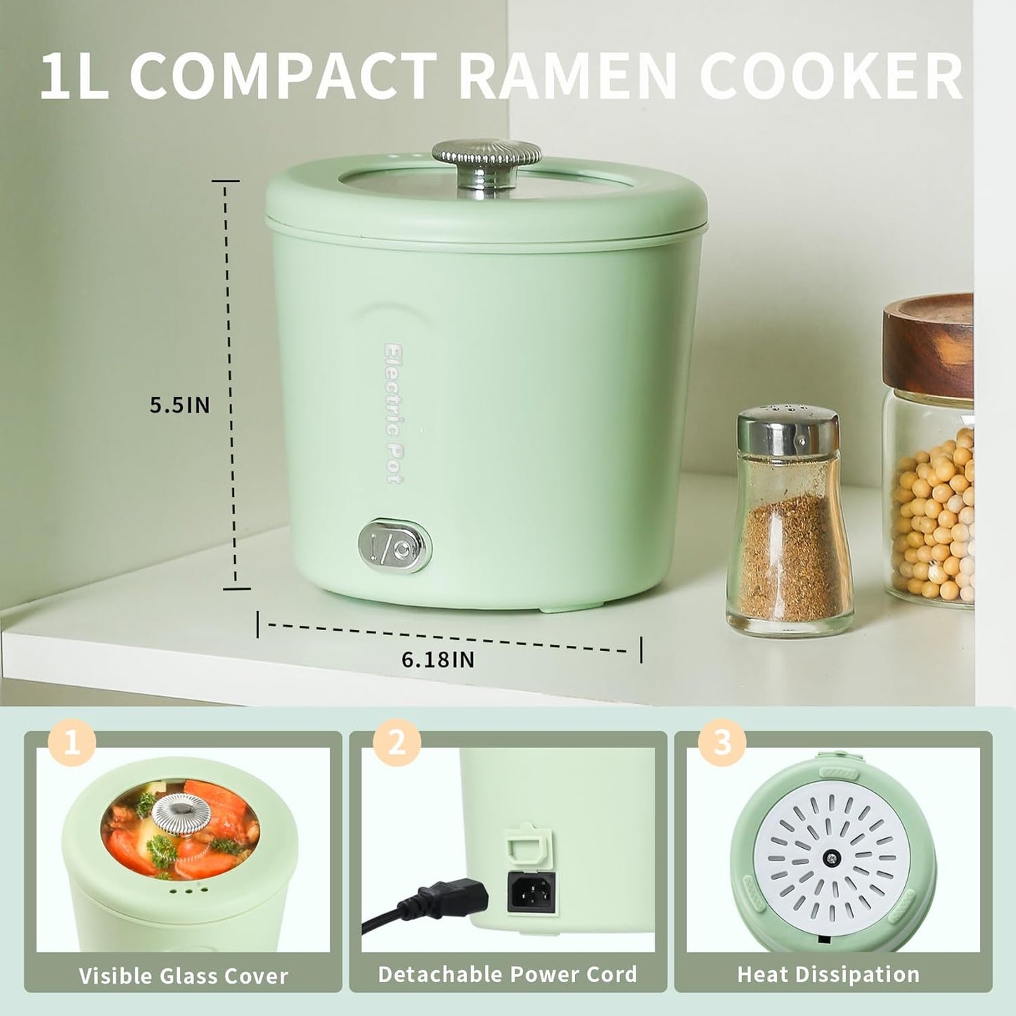 Hot Pot Electric, 1L Mini Ramen Cooker, 450W Rapid Noodles Cooker, Multifunctional Electric Pot for Cooking Pasta, Soup, Portable Pots with Over-Heating Protection for Dorm, Office, Travel