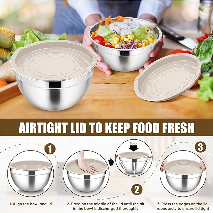 P&P CHEF Mixing Bowls with Airtight Lids Set of 5, 10-Piece Stainless Steel Mixing Nesting Bowl, Metal Bowl with Lid for Kitchen Prepping & Storing, Size 4.6, 3, 1.5, 1, 0.7 QT, Khaki