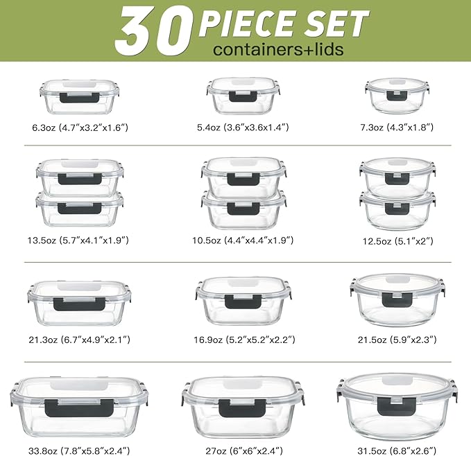 BAYZZ 30 Piece Glass Food Storage Containers Set, Glass Meal Prep Containers with Lids, Airtight Lunch Box, BPA-Free, Microwave, Freezer & Dishwasher Safe