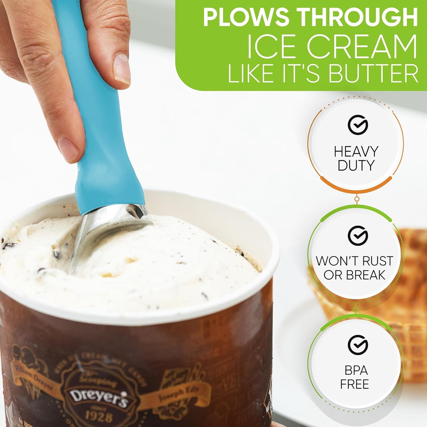 Spring Chef Heavy Duty Premium Ice Cream Scoops with Soft Grip Handle, Metal Ice Cream Scooper for Cookie Dough, Frozen Yogurt, Gelato, Sorbet, Sundae, Melon - Dishwasher Safe - 2 Pack - Aqua Sky