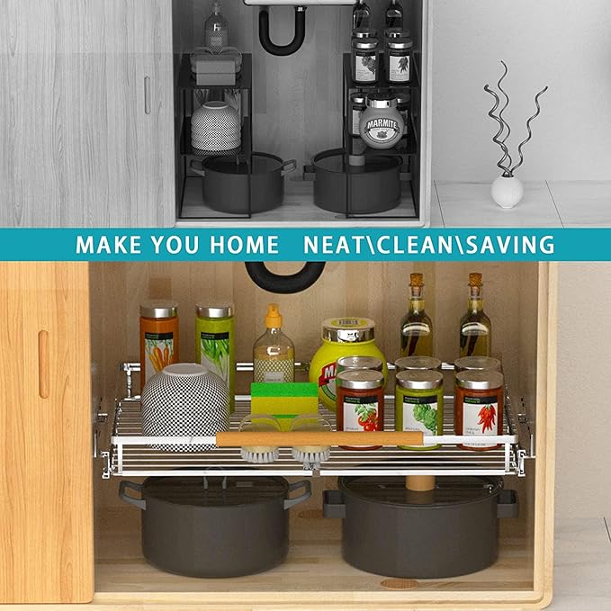 Large Pull Out Kitchen Cabinet Organizer, 22.7''-39.8''W x 22''D, Heavy Duty Slide Out Pantry Shelves Sliding Drawer Storage for Kitchen, Under Sink, Bathroom, Wardrobe, Steel Metal