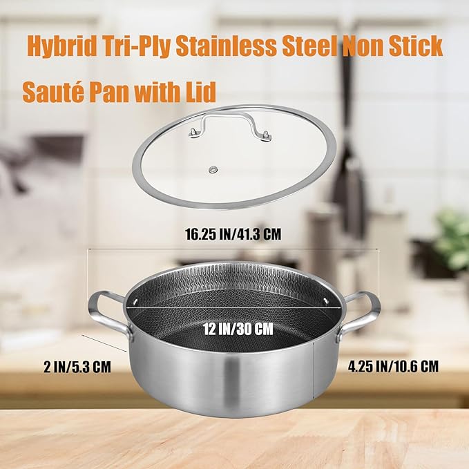 Inqibee 7 QT Hybrid Tri-Ply Stainless Steel Non Stick Sauté Pan with Lid,12 Inch Induction Deep Frying Pan,Large Skillet,Dishwasher and Oven Safe