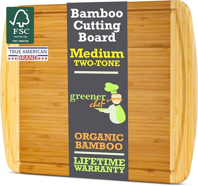 GREENER CHEF 15 Inch Medium Cutting Board with Lifetime Replacements, Bamboo Cutting Boards for Kitchen, Butcher Block, Medium Wooden Chopping Board for Meat, Veggies, Non Toxic Charcuterie Board