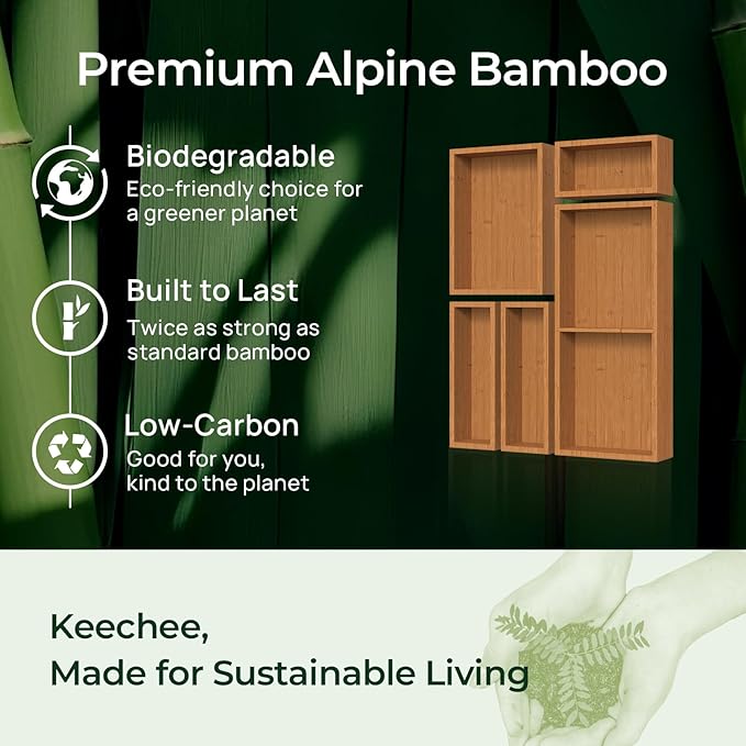 5-Piece Bamboo Drawer Organizer Set, 2.2" Deep Multi-Use Organizers for Utensils, Silverware, Cutlery, Desk, Bathroom, Junk Drawer & Makeup, Non-Slip Feet Included.