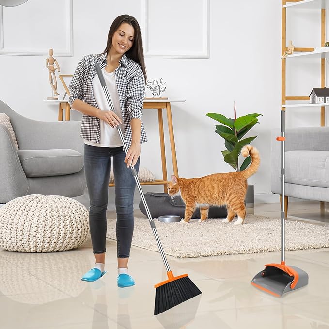 NACENA Broom and Dustpan Set, 52-in Long Adjustable Handle Broom Dustpan Combo with Dustpan Teeth to Automatically Clean Hair Suitable for Home Kitchen Office Hall Floor(Grey&Orange)