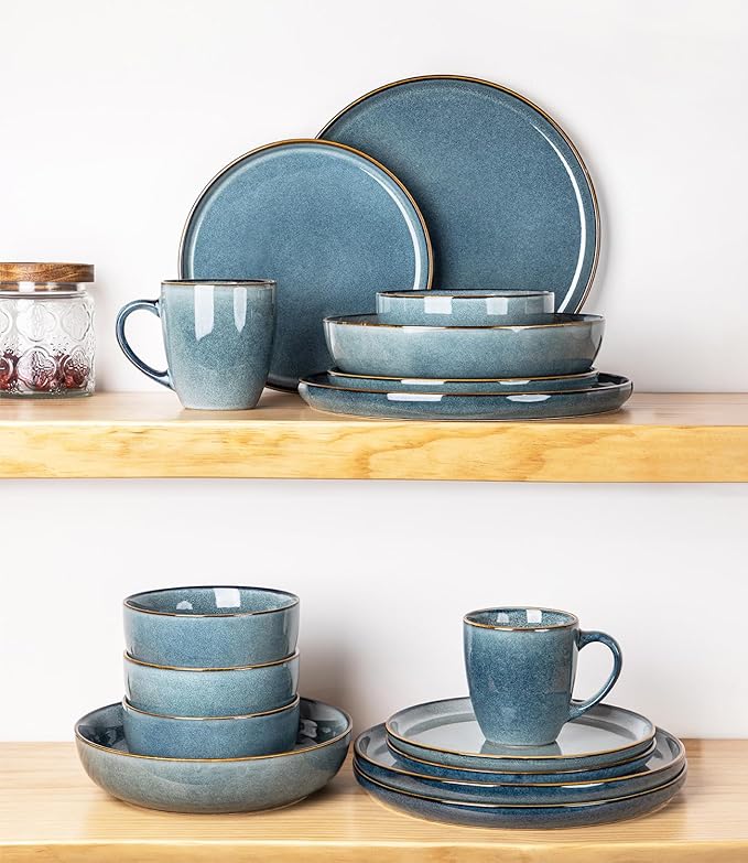 GBHOME Ceramic Dinnerware Sets for 6, 18 Pieces Stoneware Plates and Bowls Sets, Scratch Resistant Dishes, Dishwasher & Microwave Safe, Space Blue