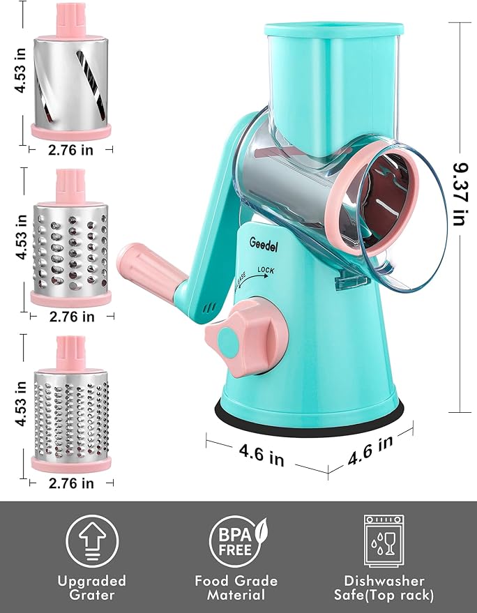 Geedel Rotary Cheese Grater, Kitchen Mandoline Vegetable Slicer with 3 Interchangeable Blades, Easy to Clean Rotary Grater Slicer for Fruit, Vegetables, Nuts