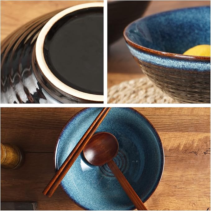 Ceramic Japanese Style Ramen Bowl Set with Chopsticks,8 inch 40 oz Pho Bowls & Asian Soup Bowl and Spoons Set for Udon Noodle,Soba,Miso Soup,Set of 2 (blue)