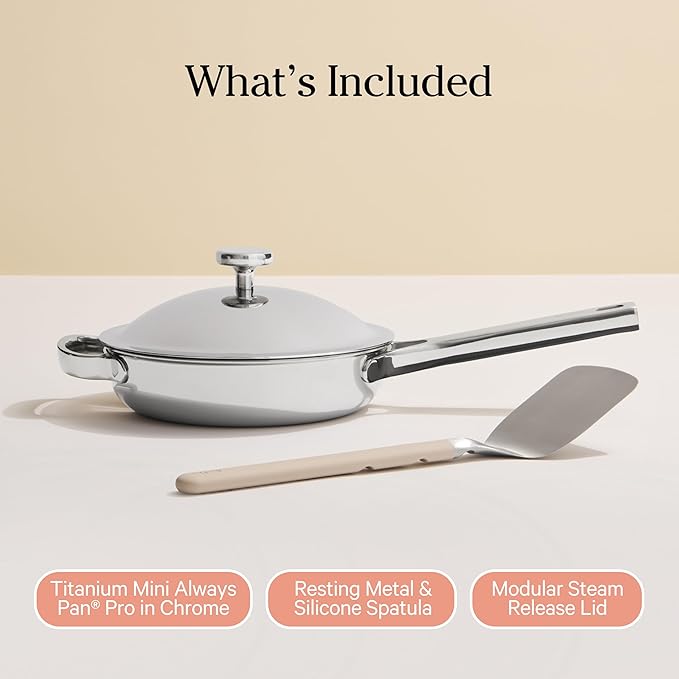 Our Place Titanium Mini Always Pan Pro - 8.5” (1.48 Qt) No-Coating Nonstick Skillet | Tri-Ply Titanium & Stainless Steel | Safe for Oven, Induction & Cooktops up to 1000°F | Includes Spatula | Chrome