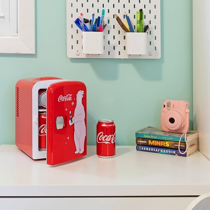 Coca Cola Polar Mini Fridge - Refrigerator for Bedroom Office, Portable Table Top Beverage Cooler, 12V 110V Refrigerador For Drinks, Soda, Wine, Use In Car, Dorm, Patio, 6 Can