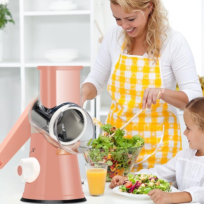 Ourokhome Rotary Cheese Grater Hand Crank, Kitchen Shredder Speed Mandolin Slicer Nuts Grinder with Handle and Drum Blades for Cheese, Vegetable, Walnuts, Chocolate, Potato, Carrot, 3 Blades, Pink