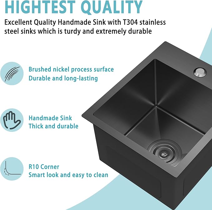 13 x 15 x 9 Inch Black Stainless Steel Bar Sink, Drop-in Topmount Deep Single Bowl Utility Prep Sink for RV, Wet Bar, Tiny Home, Laundry & Small Kitchen, 18 Gauge T304 with Basket Strainer