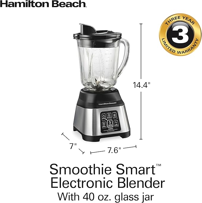 Hamilton Beach Blender for Smoothies with 5 Functions Including Auto Smoothie Cycle, Wave Action System for Ultra Smooth Results, 850 Watts, 40oz BPA Free Glass Jar, Stainless Steel (56208)